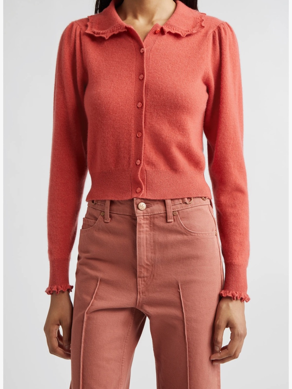 Ulla Johnson Coral Pink Ruffle-Collar Button Cardigan 💯 Cashmere